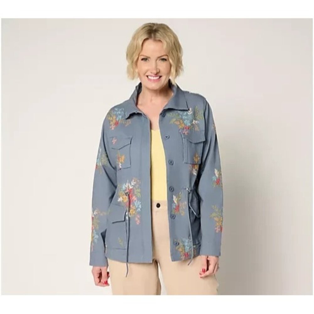 Driftwood Jeans Amber Linen Utility Jacket - Dusty Blue Size 1X A697832